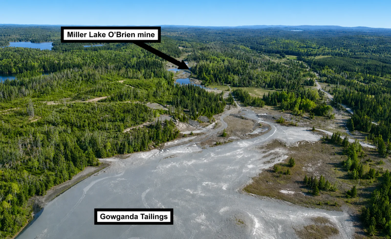 Aerial view of the Gowganda Tailings with Miller Lake O'Brien mine in the background