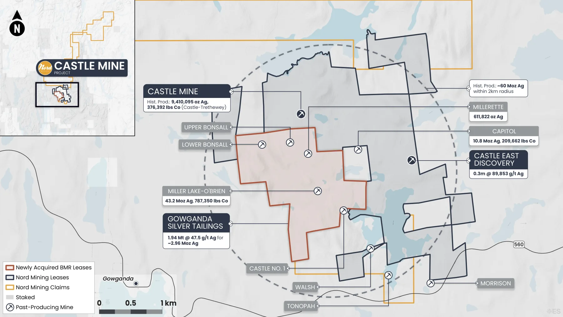 Detailed claim map of the Castle Mine property showing the newly acquired BMR leases, Gowganda Silver Tailings, and adjacent past producers including Miller Lake-O'Brien, Millerette, Capitol, and Bonsall